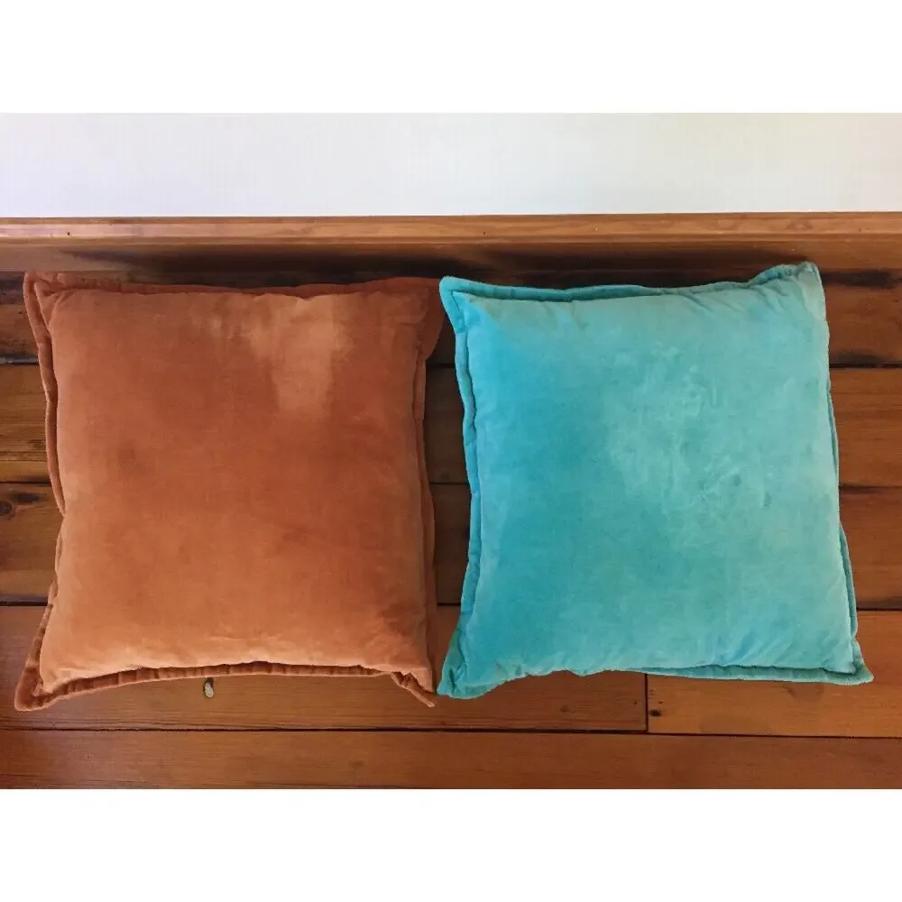 Pair Surya Velour Velvet Cotton Orange + Aqua Zip Up Square Throw Pillows 18x18